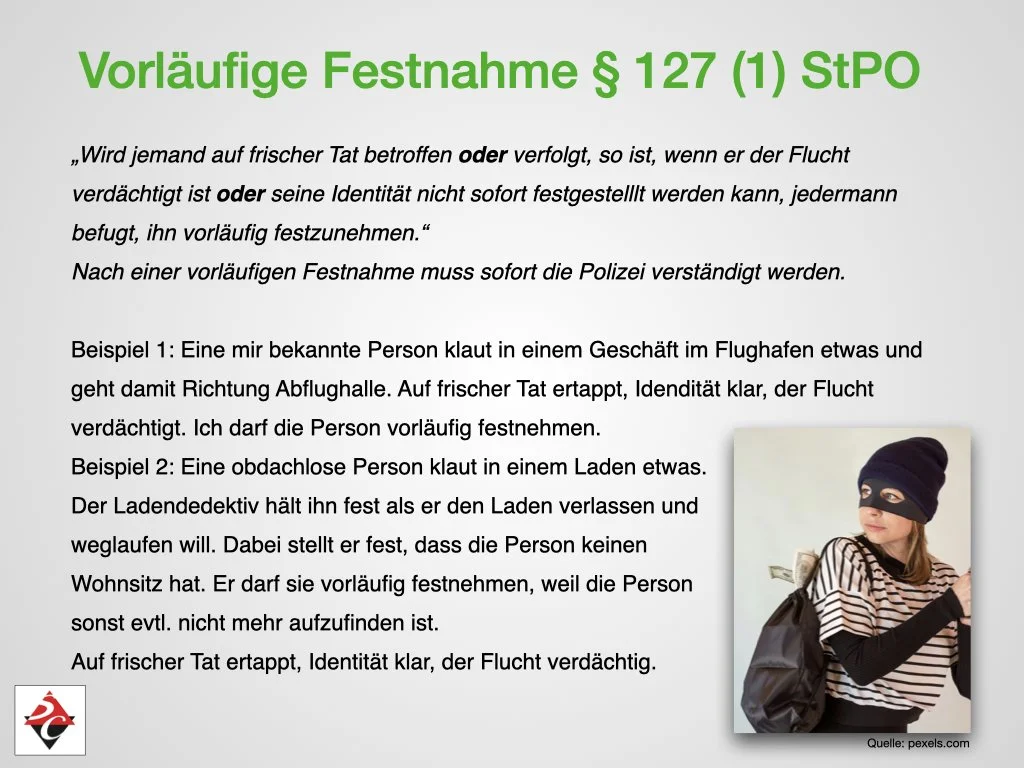 Informationsblatt über vorläufige Festnahme nach § 127 Abs. 1 StPO, mit Beispielbildern einer Person mit Kapuzenmütze. Quelle: pexels.com