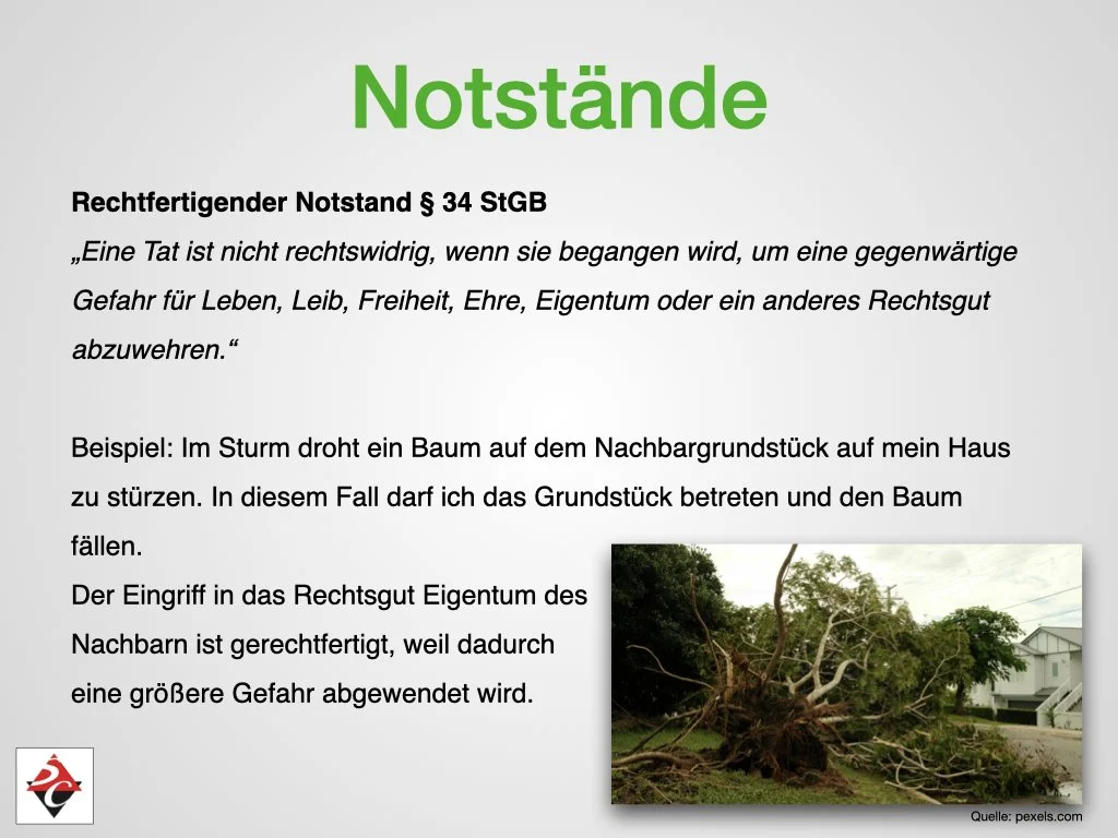 Informationsblatt zum Thema Notstände mit Text über Rechtfertigung von Notstand nach § 34 StGB und einem Beispiel eines umgestürzten Baumes auf einem Grundstück.