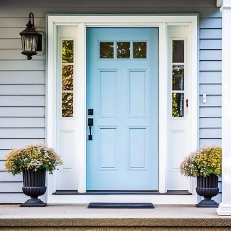 A home with light blue siding with a slightly darker light blue front door, framed by white window tread and potted flowers.