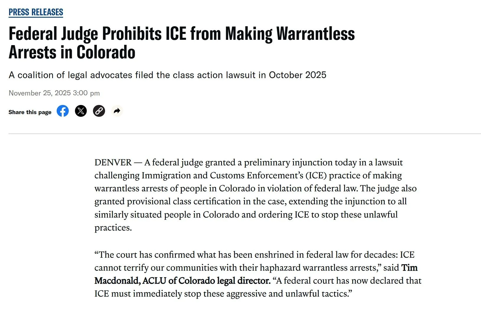 Federal Judge Prohibits ICE from Making Warrantless Arrests in Colorado