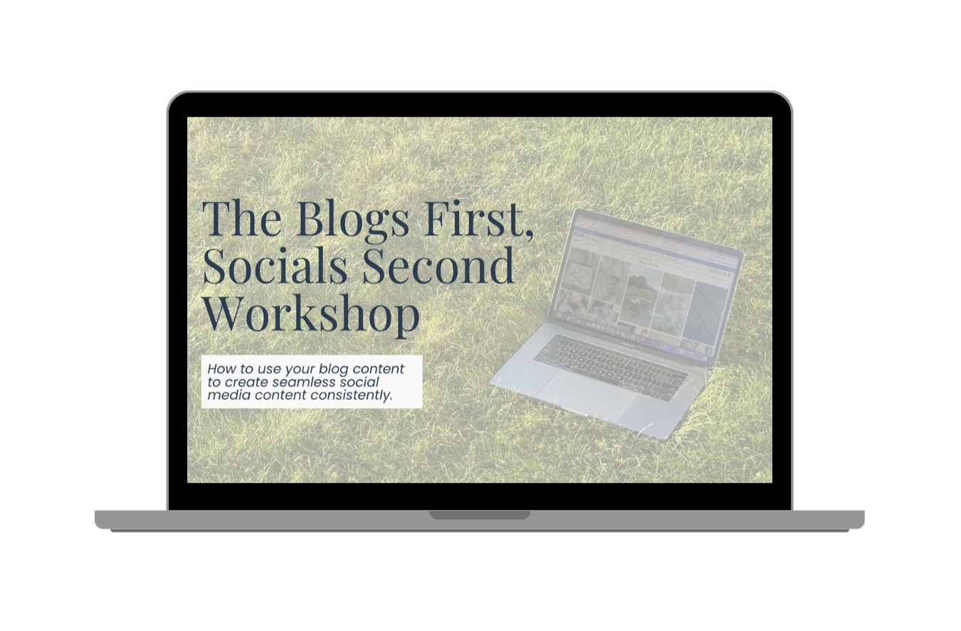 Laptop displaying a webpage with promotional content for a workshop titled "The Blog's First, Socials Second Workshop" and a subtitle about using blog content to create social media content for Natty Writes.