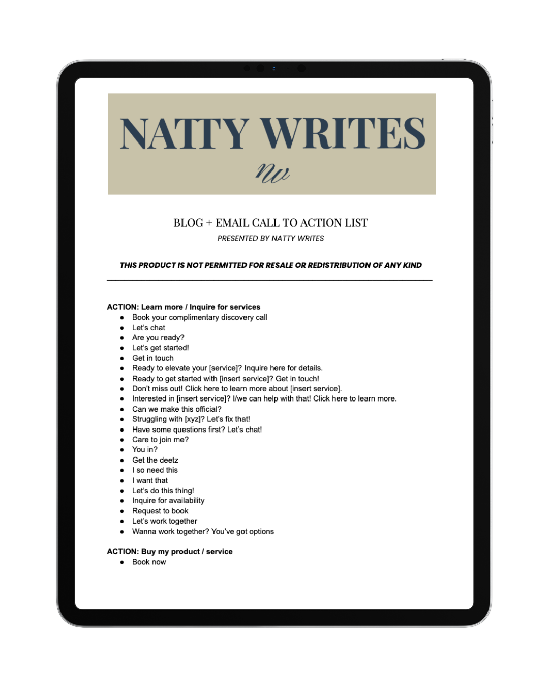 Digital document on a tablet screen titled 'NATTY WRITES' with a subtitle 'Nu' and a list of call to action phrases for services and products.