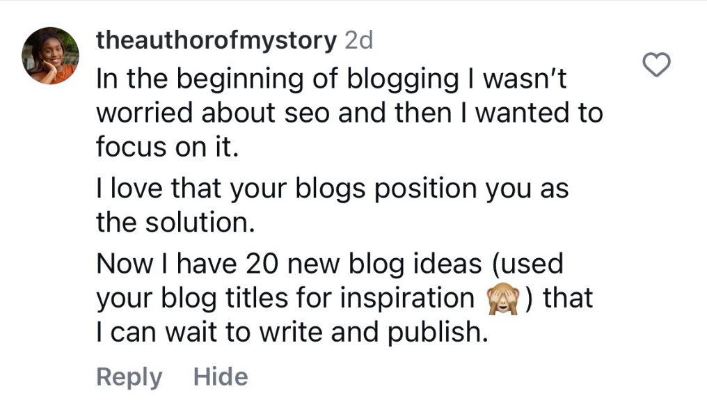Testimonial of what it's like to work with Natty Writes and receive blog writing services.