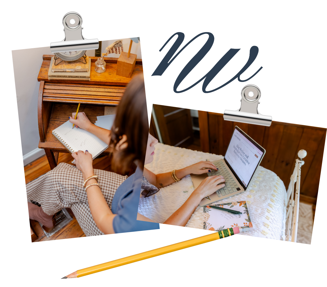 Natty Writes collage showing a person writing in a notebook at a vintage wooden desk and another photo using a laptop on a bed with a white bedspread, with office supplies around to showcase blog writing services.
