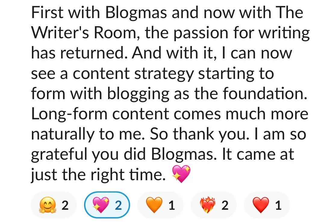 Screenshot of a testimonial for natty writes with text praising the return to writing and blogging, and expressing gratitude for feedback from Blogmas followers.