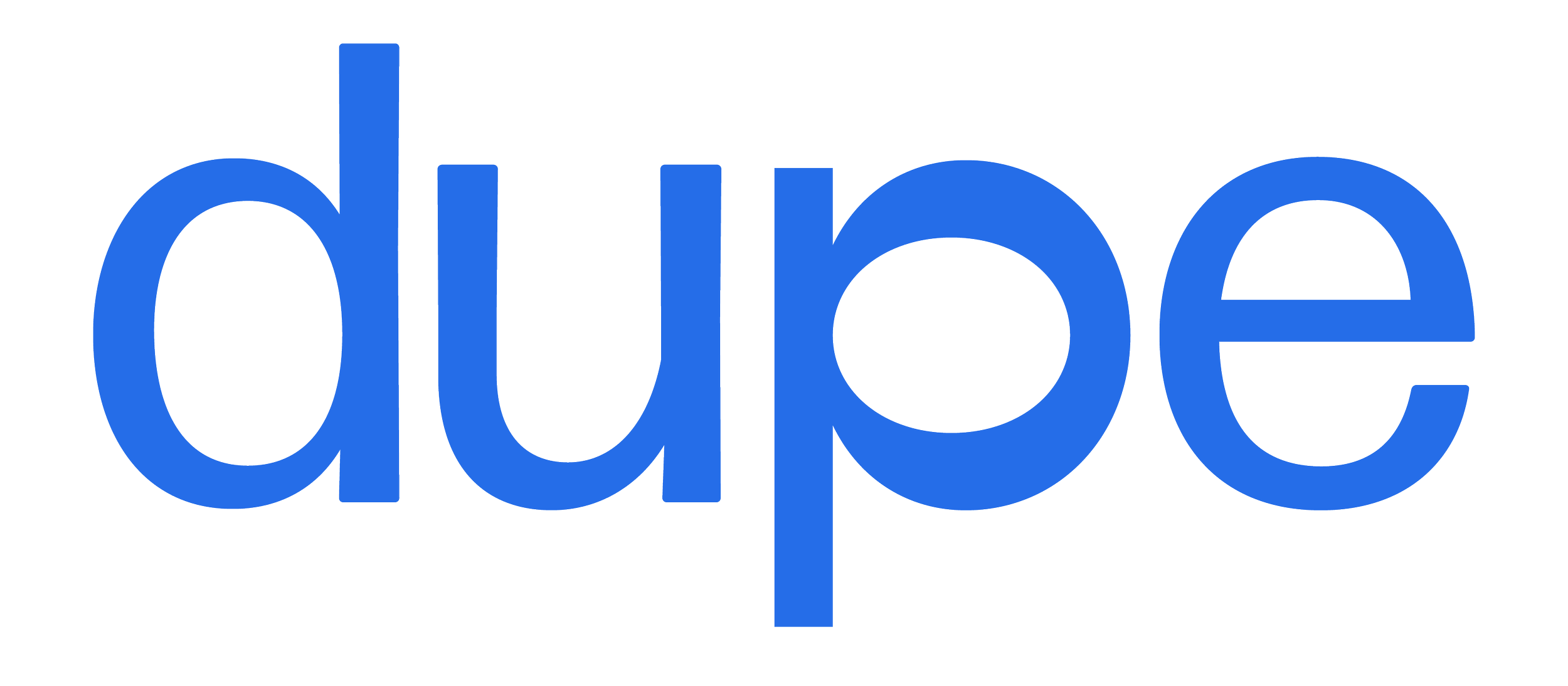 The image shows the word 'dupe' written in lowercase blue letters.