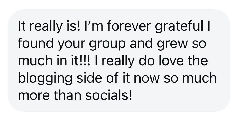 A text message expressing gratitude and enthusiasm for a group and blogging for Natty Writes