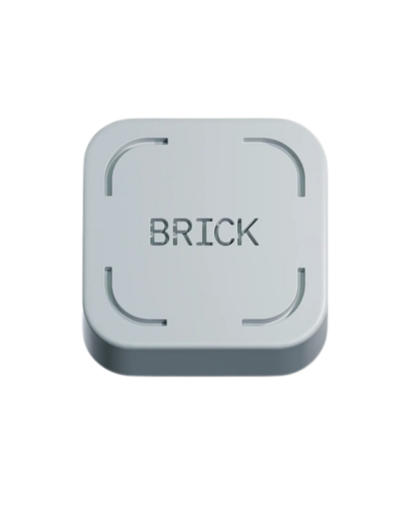 A white square button with rounded edges and the word 'BRICK' written in gray uppercase letters, featuring four curved indentation lines on each corner.