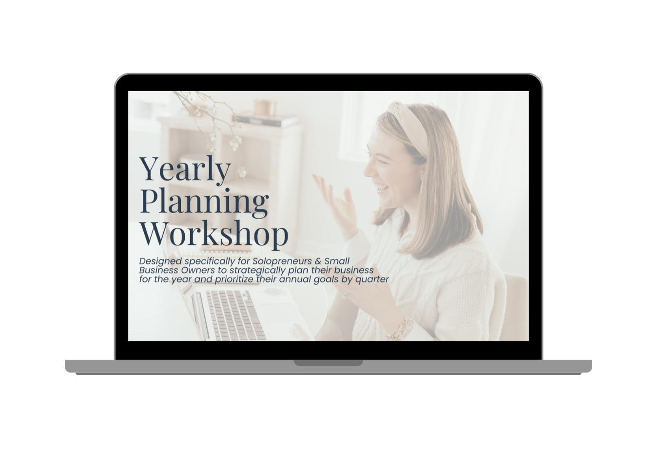 Laptop screen displays a promotional flyer for a yearly blog planning workshop with a smiling woman gesturing, featuring light colors and soft lighting for Natty Writes.