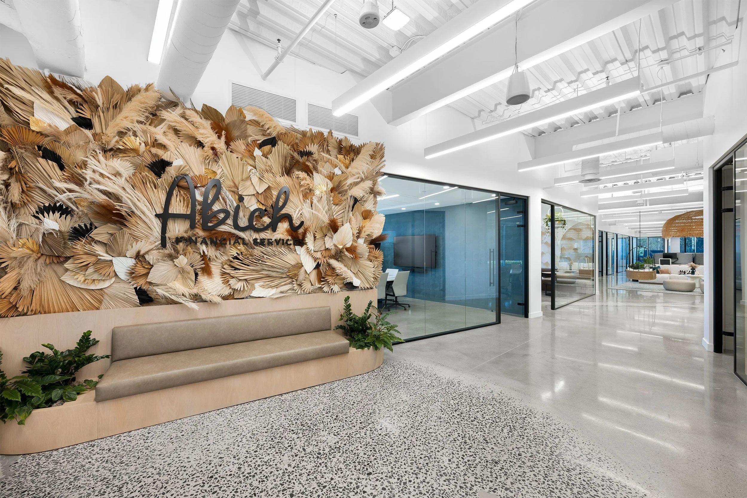 Modern office lobby with a textured wall display in Ashburn, VA.