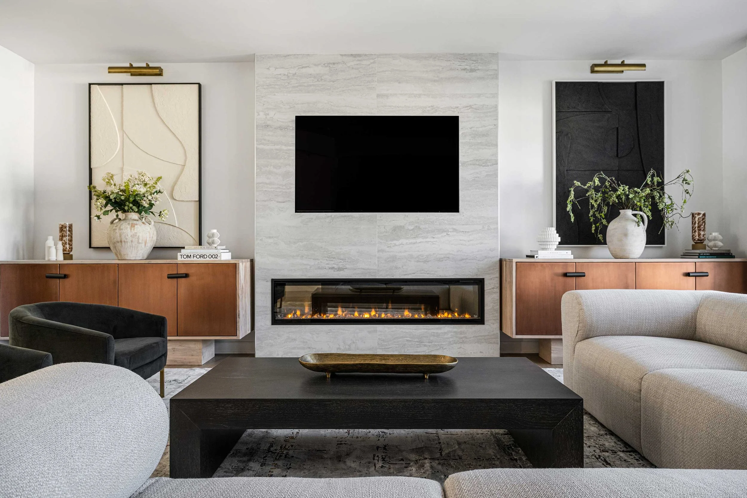 Modern living room with a wall-mounted TV in Washington, DC.
