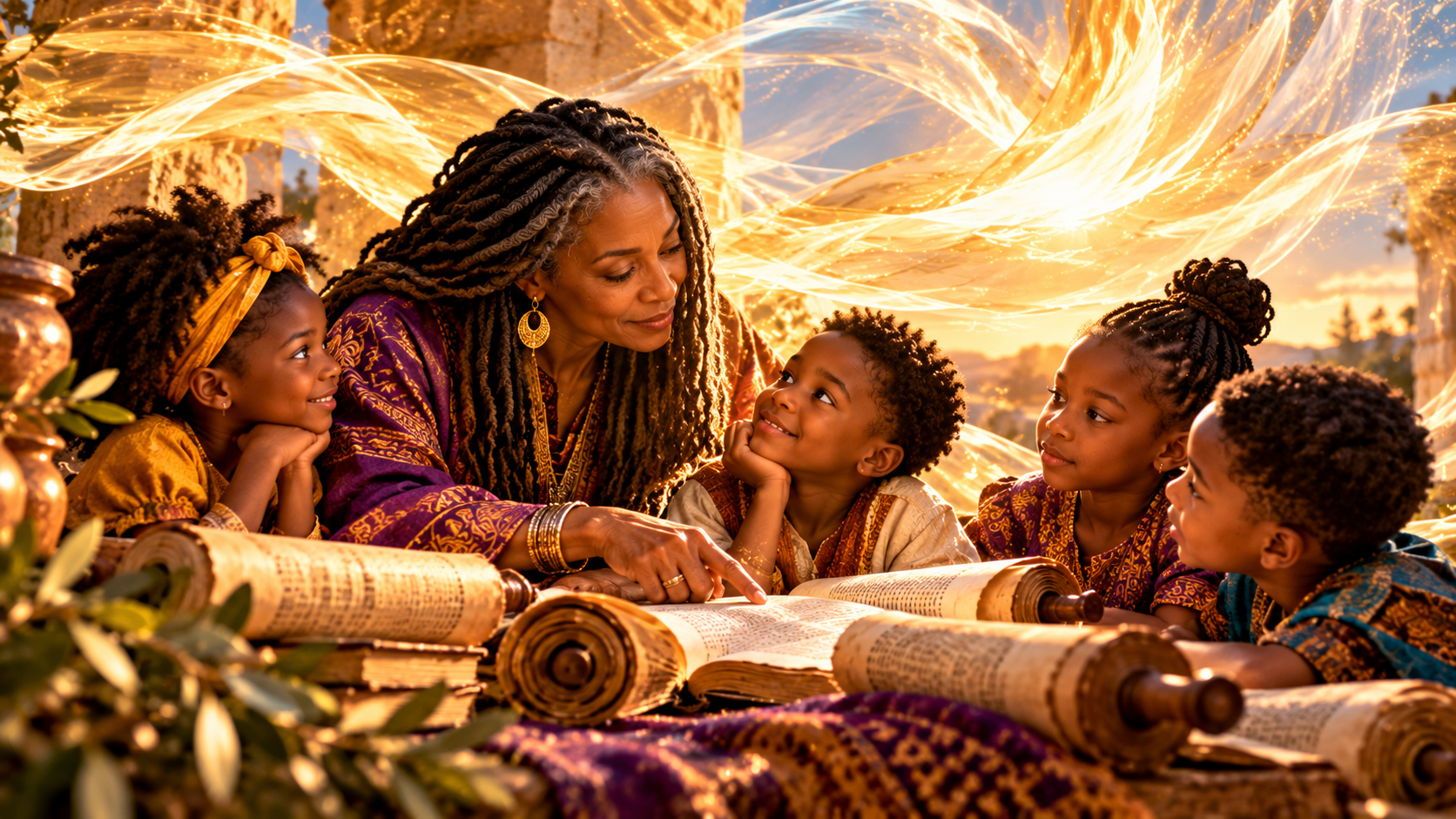 An African American woman with salt-and-pepper locs teaches four Black children from open Scriptures, surrounded by scrolls and symbolic currents of wind and fire representing the unseen presence of Mother Holy Spirit.