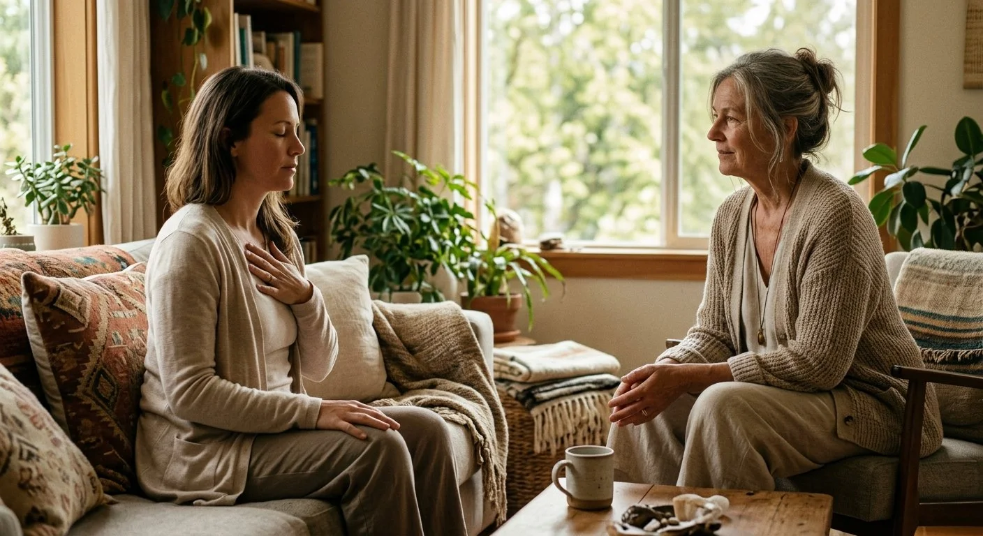 A client sits on a comfortable sofa with her eyes closed and a hand on her chest, connecting with her body while an experienced somatic practitioner offers calm, supportive presence in a warm, brightly lit room.