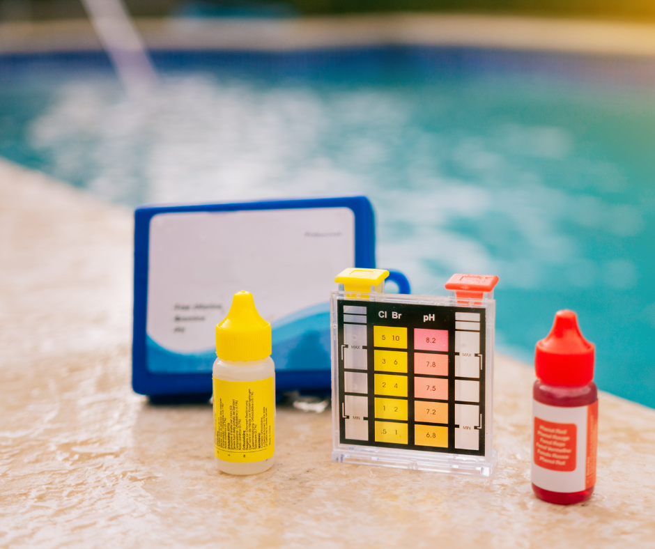 Pool water testing kit with pH and chlorine indicators near a pool.