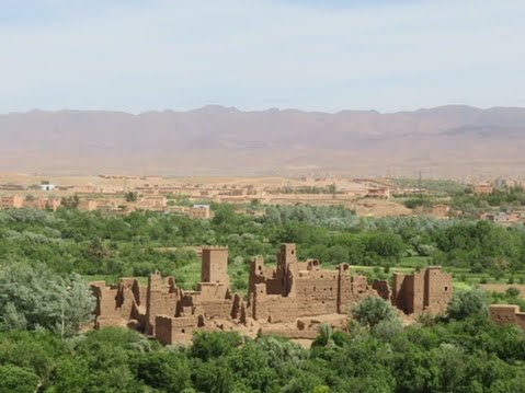 Ancient desert castle ruins surrounded by greenery with mountains in the background.