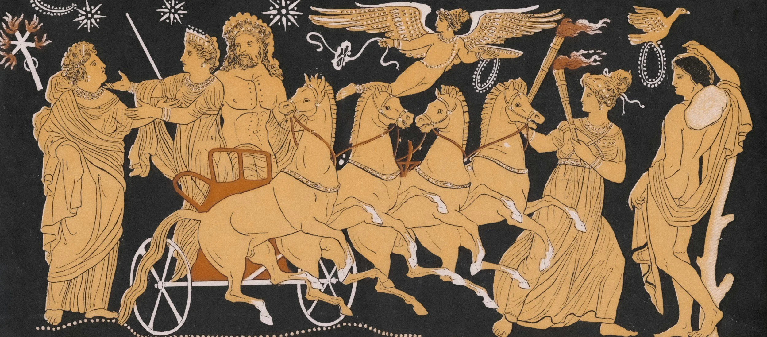 Hades & Persephone on a chariot pulled by horses in Hades