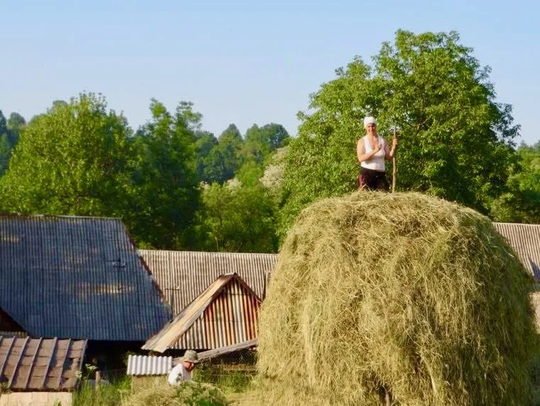 Person standing on top of a large haystack, holding a pitchfork and wearing a white hat. In the background, another person is working near a small building with a corrugated metal roof. The scene is set in a rural area with green trees and blue sky.
