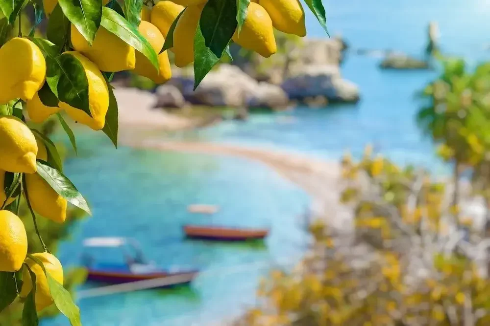 Lemons hanging in front of Isola Bella with boats in Taormina, Sicily