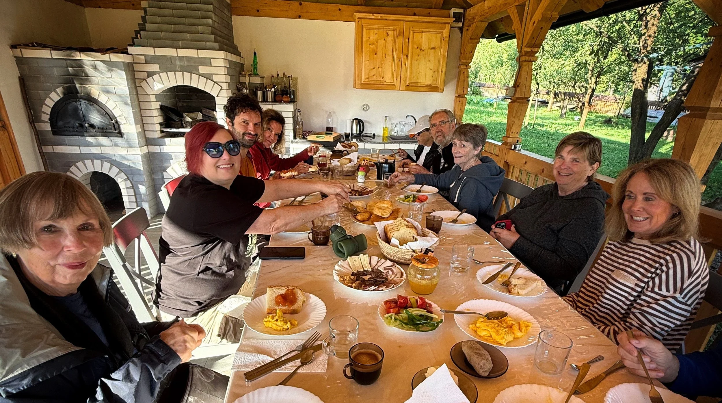 Travelers slow down and have a meal together
