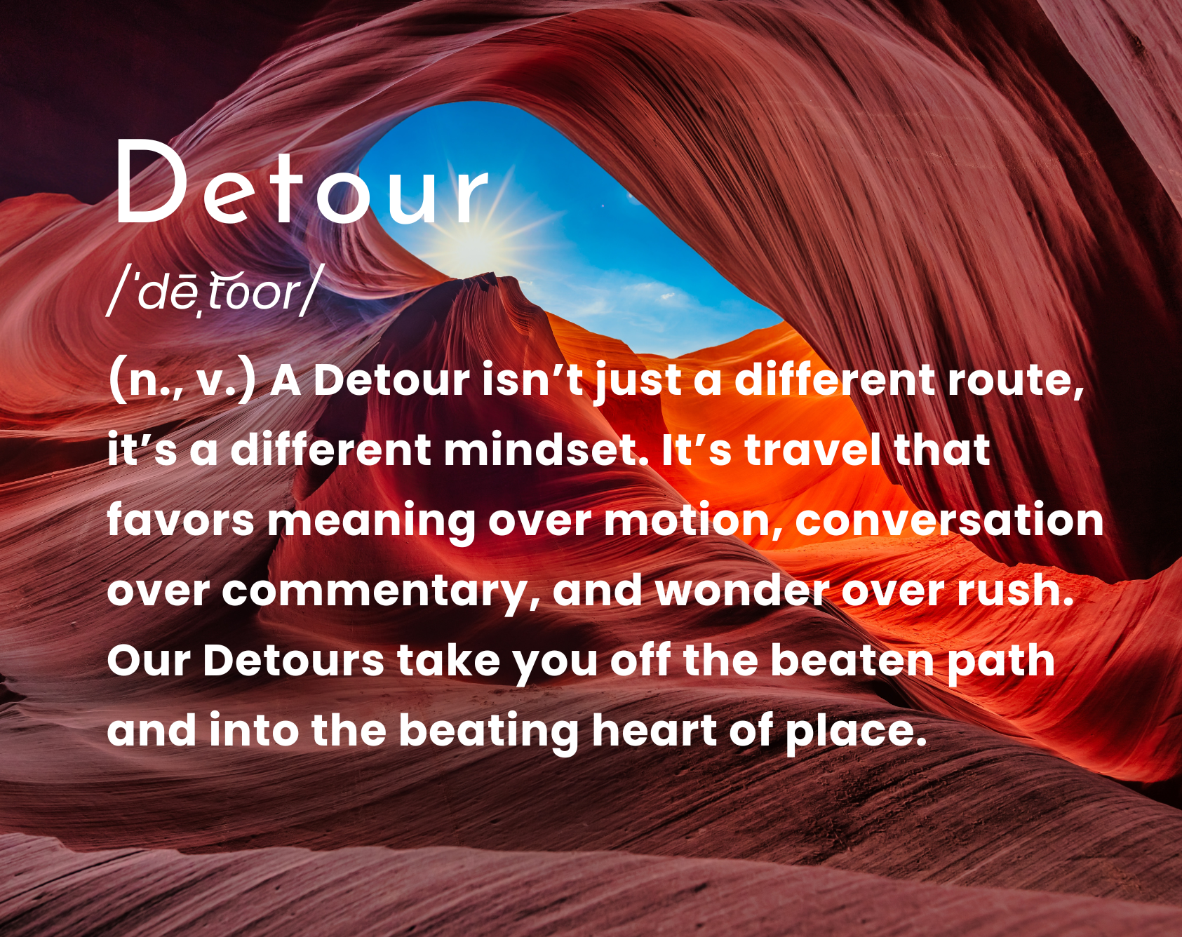 Photo of a scenic slot canyon with orange and red rock formations, a bright sun in a blue sky, and white text overlay describing the word 'Detour' and its definition.
