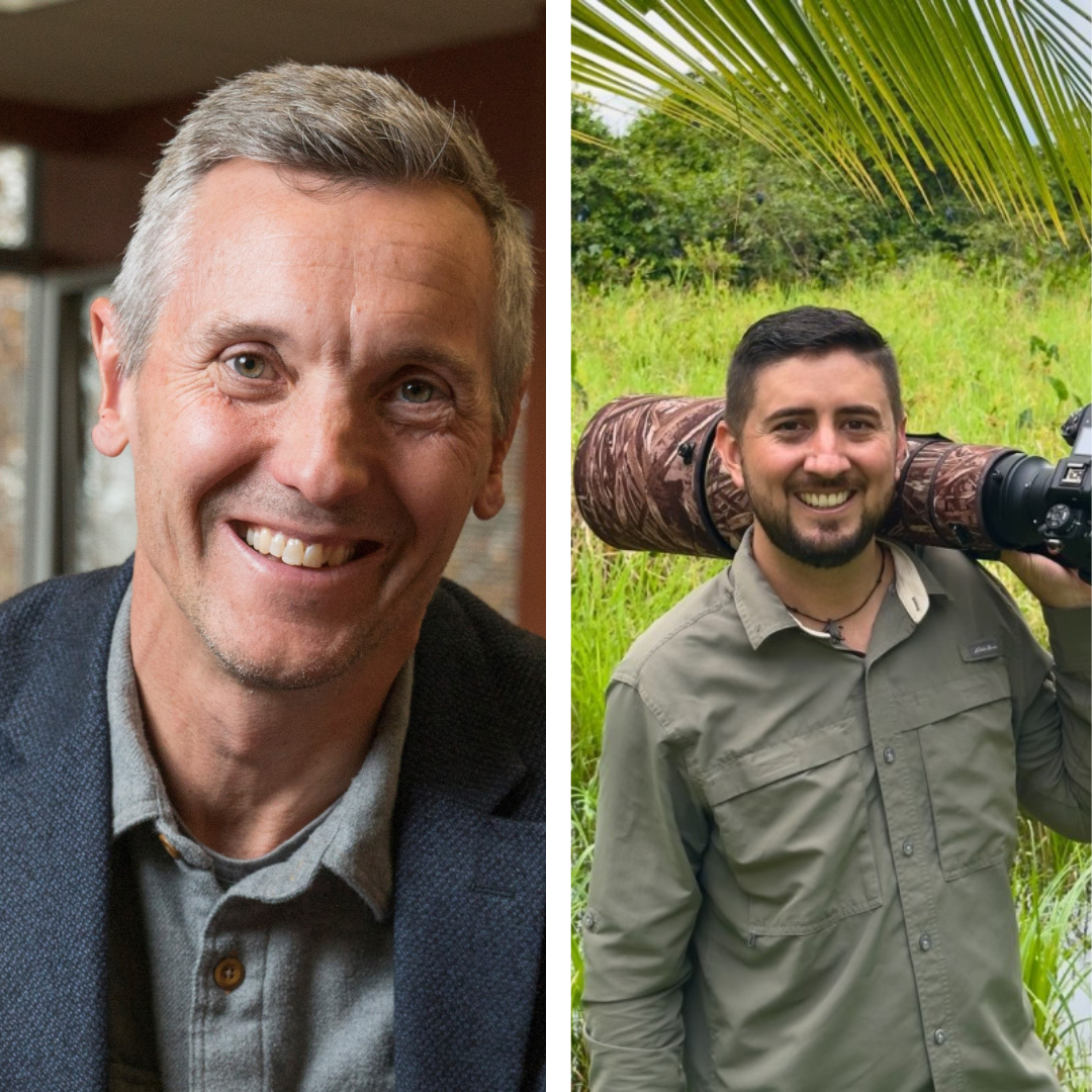 Split image showing a smiling man in business attire on the left and a man with a camera and camouflage gear in a jungle environment on the right.