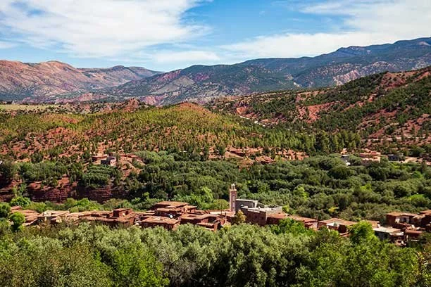 Scenic view of a small town surrounded by lush green trees, with red clay buildings and mountains in the background under a blue sky.
