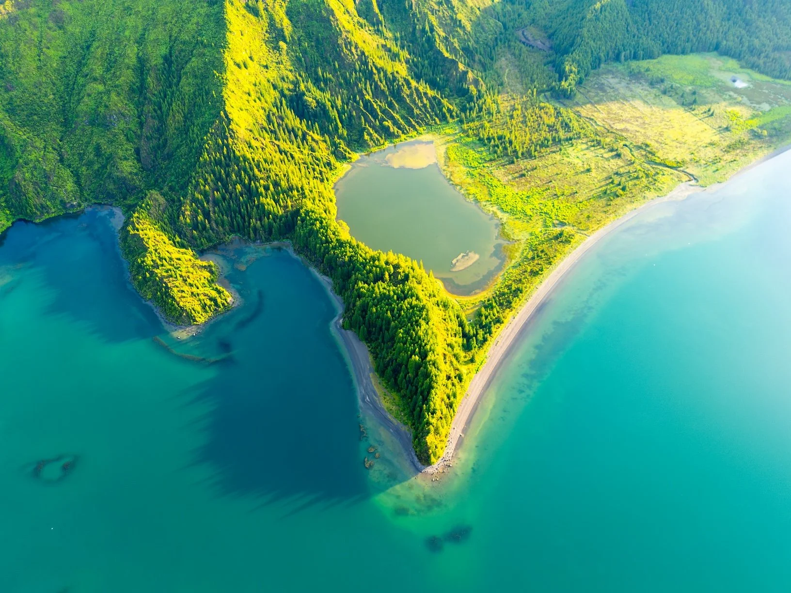 An aerial view of a lush green coastal area with a forested peninsula extending into the ocean, featuring a small beach and calm blue water surrounding the land.