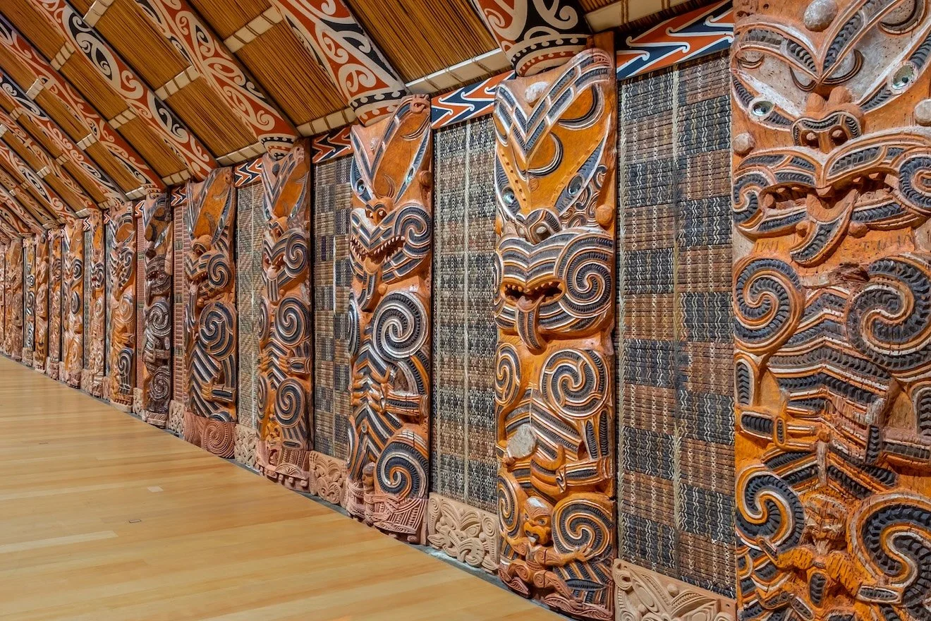 Maori wood carvings in Auckland Museum, New Zealand