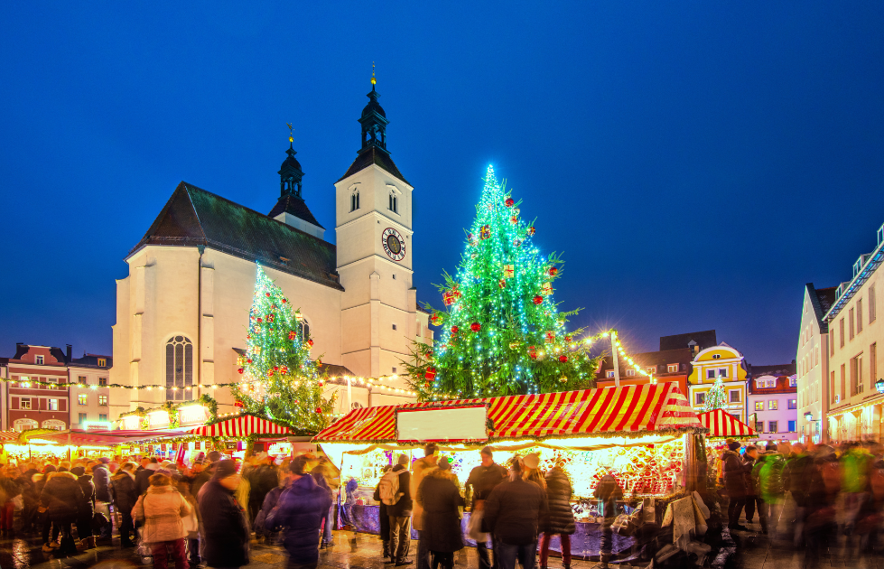 Holiday lights shy brightly through the markets