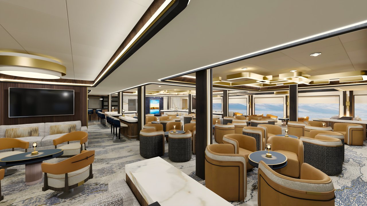Interior view of Magellan Discoverer lounge with full glass windows offering view to glacial bay