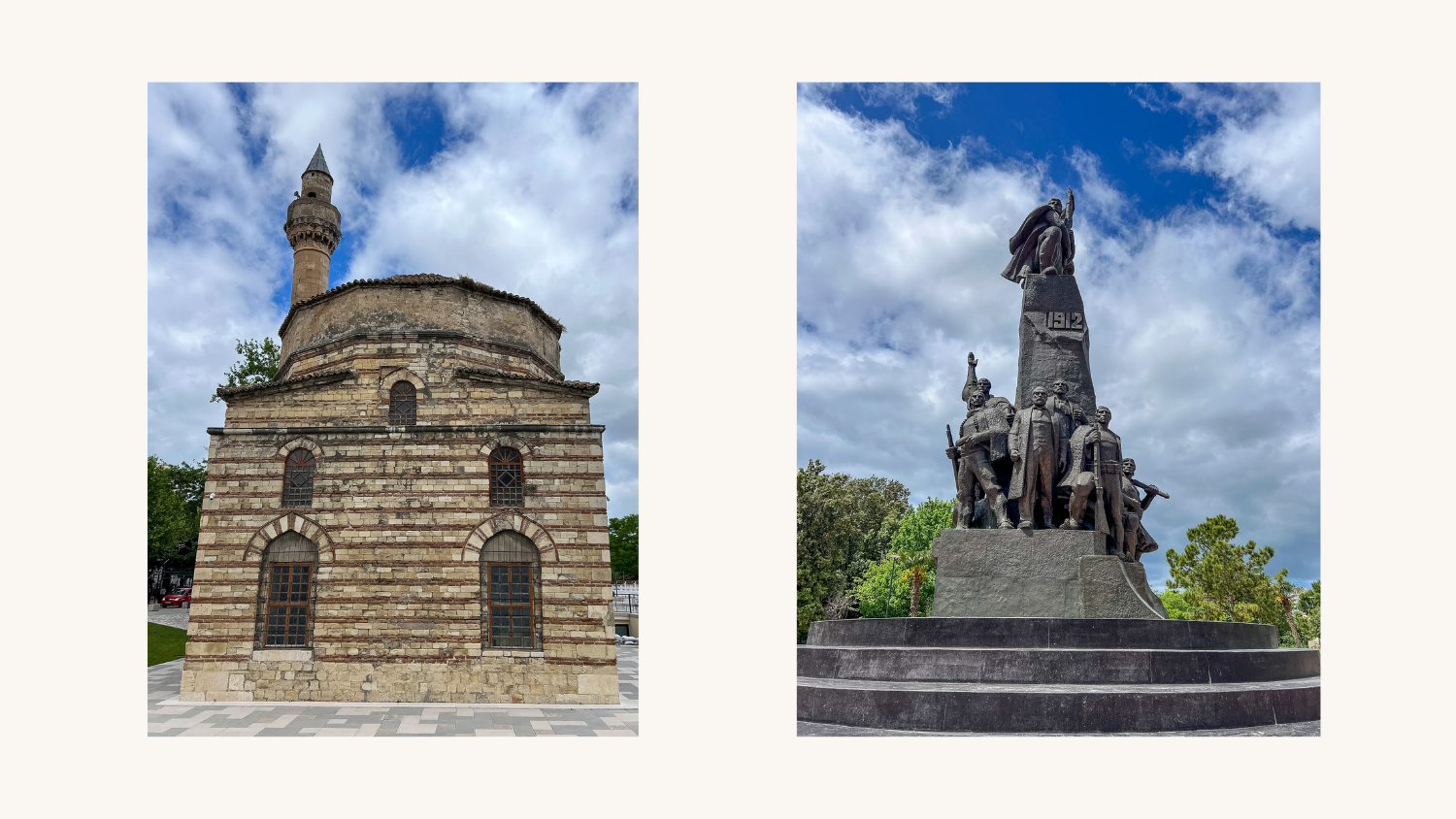 The 16th-century Muradie Mosque in Vlore Old Town, Albania and the Independence Monument in Vlore, marking where Albania declared independence in 1912