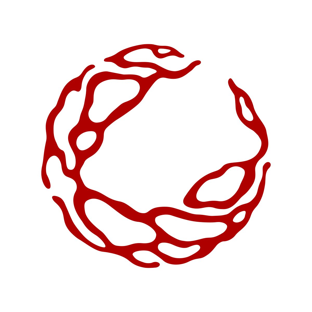 A black background with a red, circular, abstract design that resembles a loosely connected ring or wreath.
