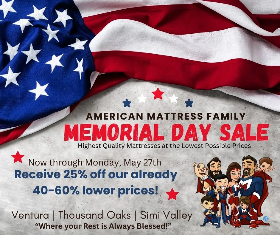 .
🇺🇸🛏️🇺🇸🛏️🇺🇸🛏️🇺🇸🛏️🇺🇸🛏️🇺🇸🛏️🇺🇸🛏️🇺🇸
MEMORIAL DAY SALE GOING ON NOW!!! 

An Additional 25% off our already 40-60% lower prices at AMERICAN MATTRESS FAMILY, where we always have the highest quality mattresses at the lowest possible 
