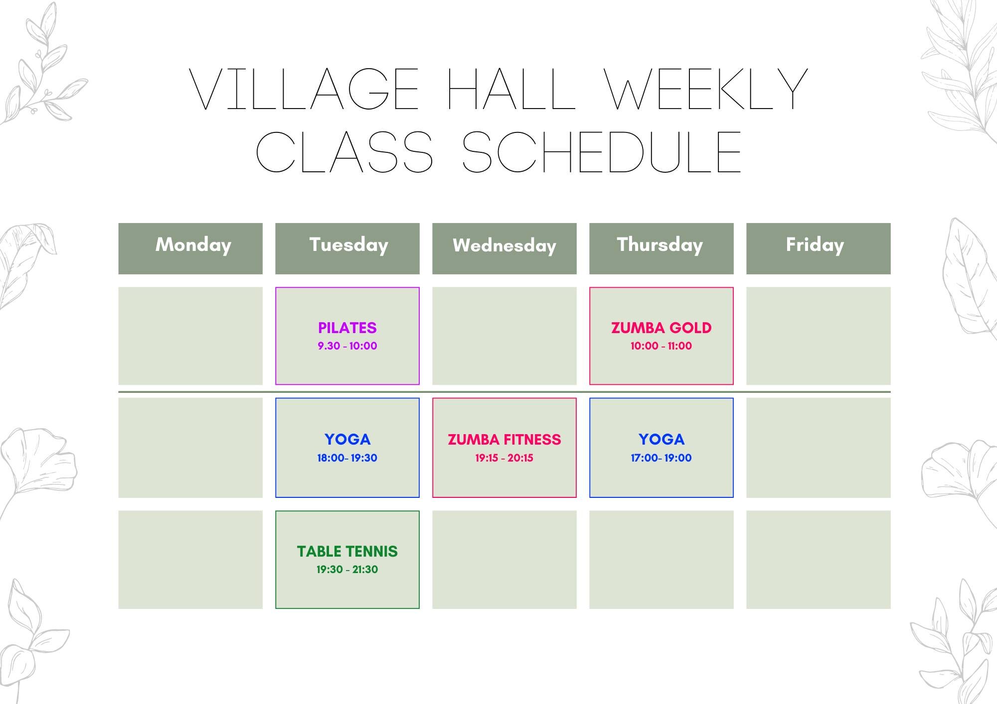 Classes on at the village hall next week (beginning 8th)
