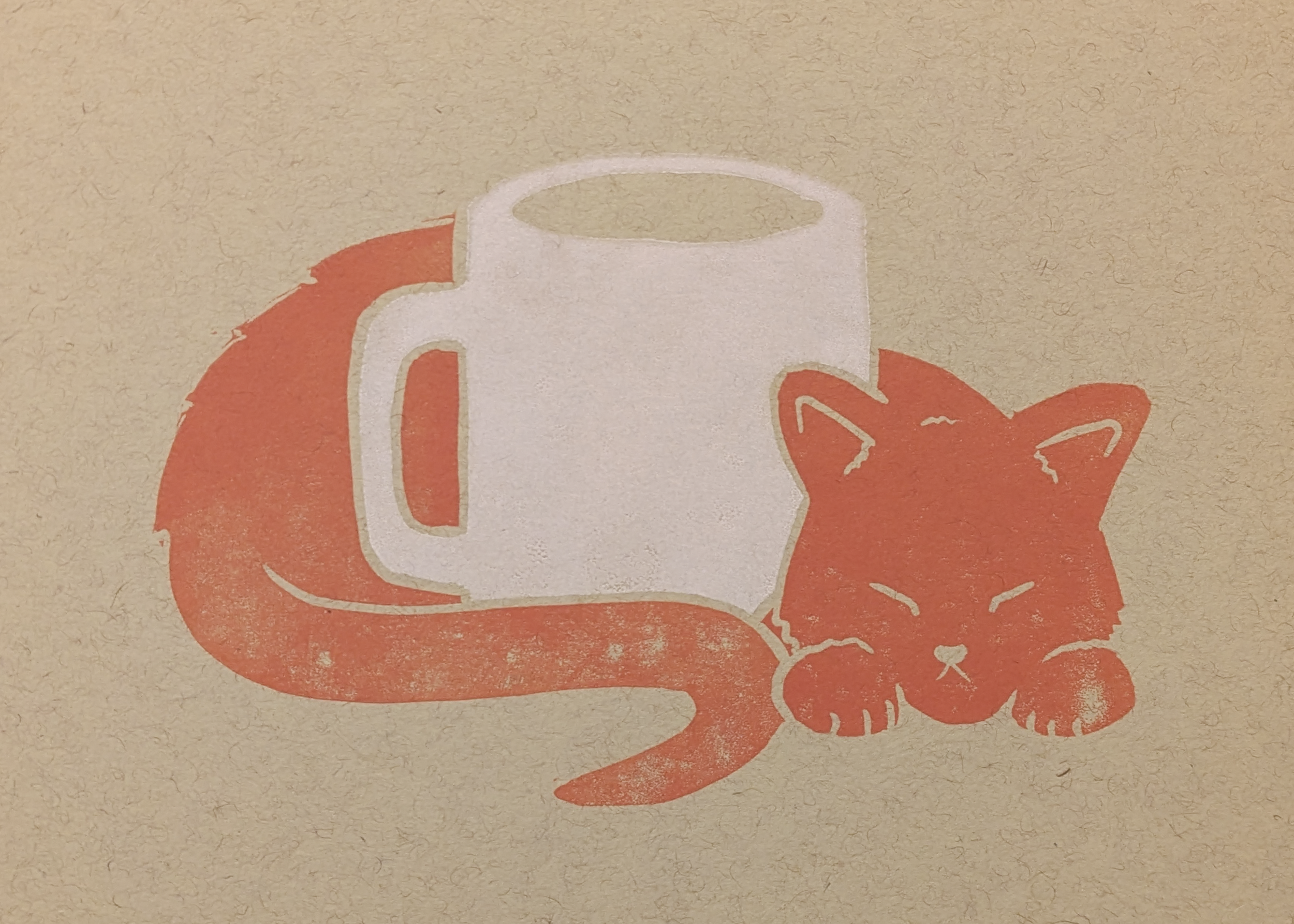 Block Print of a Cat Curled Around a Mug