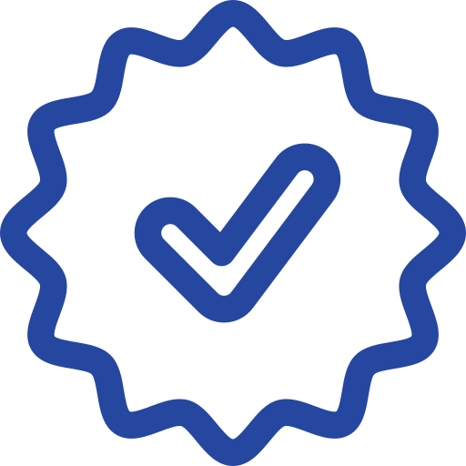 Blue checkmark inside a badge outline, indicating approval or certification.