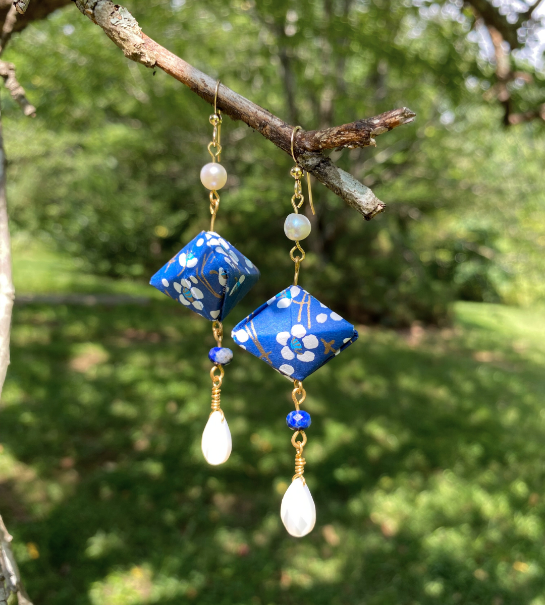 Origami Lantern Earrings | Chigoyami Paper, Freshwater Pearls, Lapiz Lazuli, Mother of Pearl, Brass, and Gold Filled Ear Wires