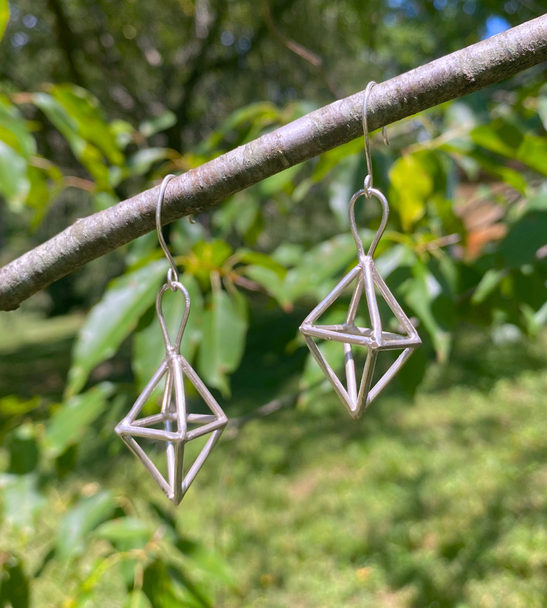 Silver Octohedron Earrings | Sterling Silver, made with Lost Wax Casting Method