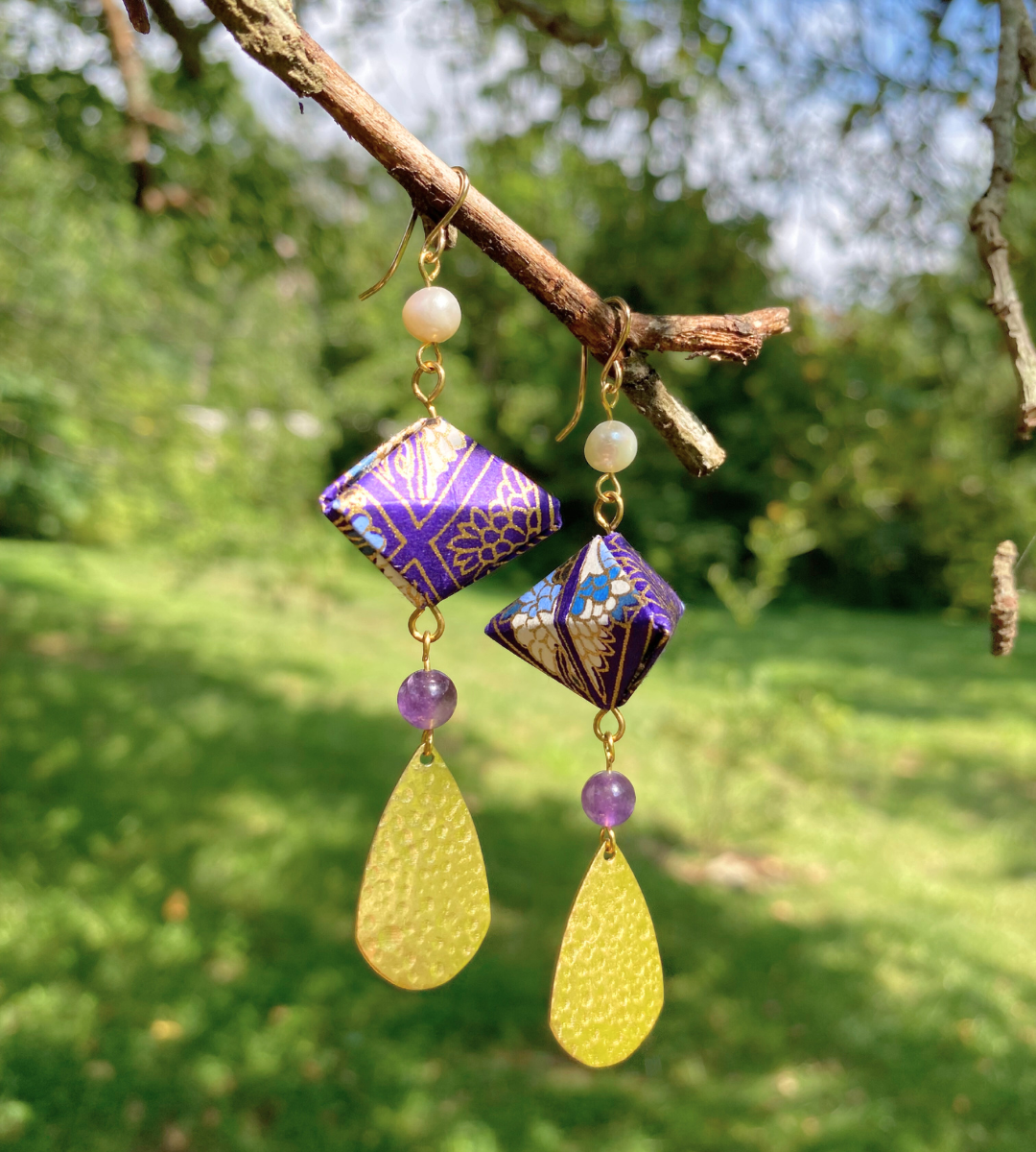 Origami Lantern Earrings | Chigoyami Paper, Freshwater Pearls, Amethyst, Brass, and Gold Filled Ear Wires