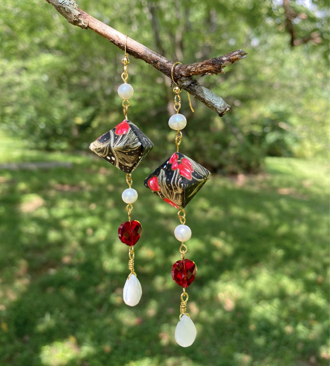 Origami Lantern Earrings | Chigoyami Paper, Freshwater Pearls, Crystal, Mother of Pearl, Brass, and Gold Filled Ear Wires