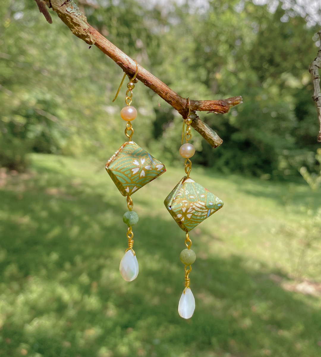 Origami Lantern Earrings | Chigoyami Paper, Freshwater Pearls, Fancy Jasper, Mother of Pearl, Brass, and Gold Filled Ear Wires