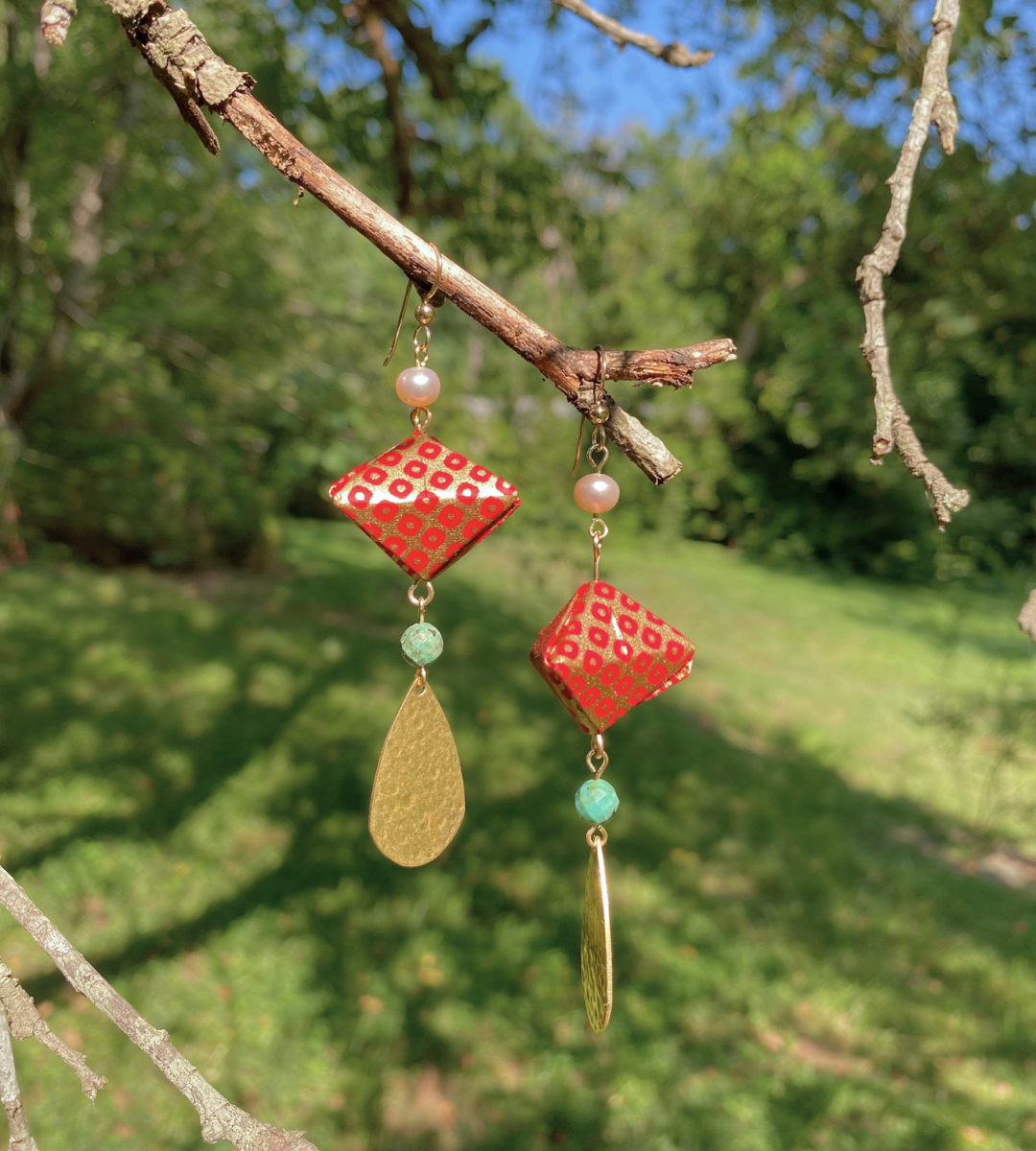 Origami Lantern Earrings | Chigoyami Paper, Freshwater Pearls, African Turquoise, Brass, and Gold Filled Ear Wires