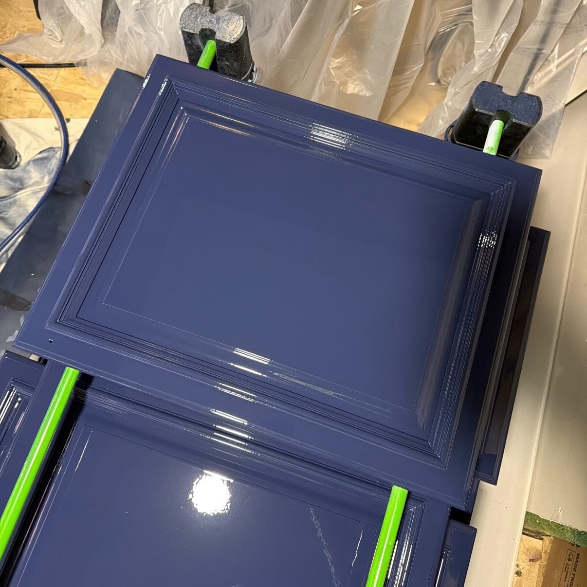 Cabinet transformations are one of our favorite projects.
It&rsquo;s all about the prep, the spray, and letting that finish cure to perfection.

This color is going to completely change the space when it&rsquo;s installed! #homepainting #cabinetpaint