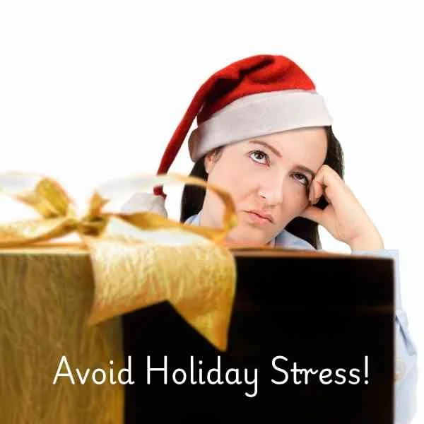 woman with a Christmas gift and the words Avoid Holiday Stress!