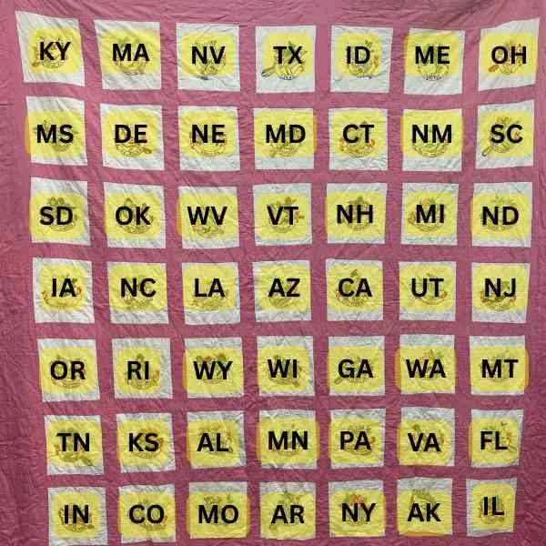 Full antique state quilt with the layout of each state indicated with the state abbreviation