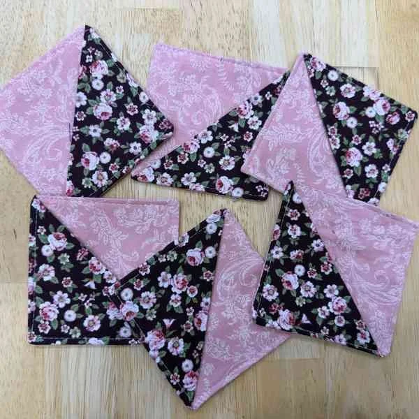 Fabric corner bookmarks in pink and floral purple