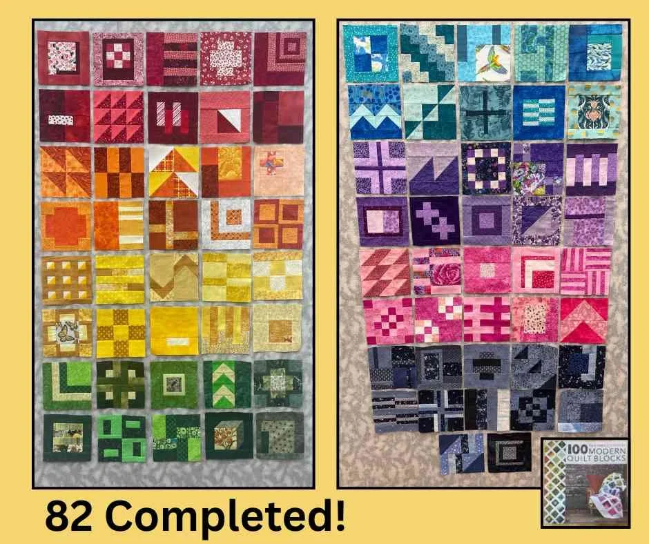 82 out of 100 quilt blocks completed in a rainbow of colors