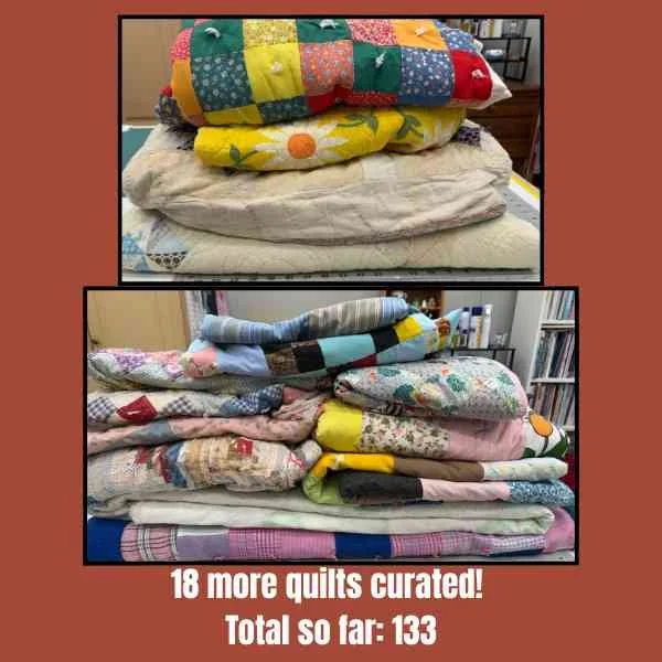 Stack of 18 antique quilts.