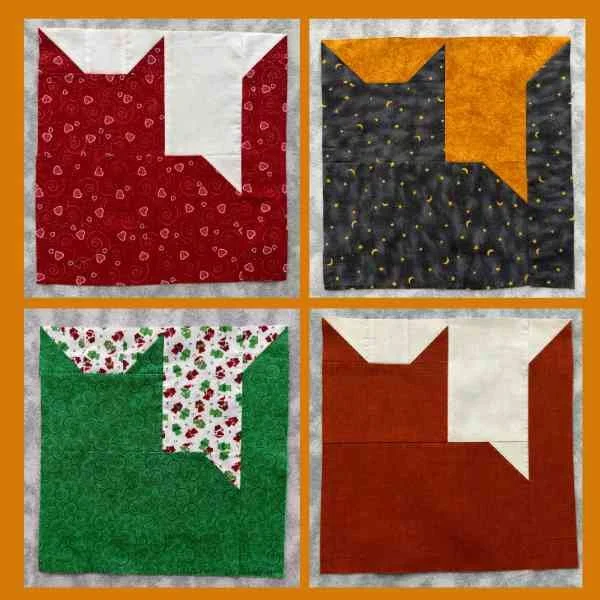 Four different fabrics for the cat block. Valentine's Day, Halloween, Christmas, and Fall.