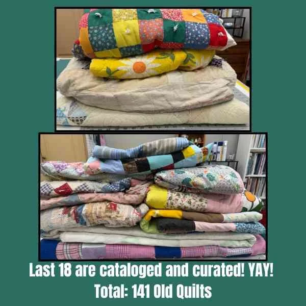 Two piles of old quilts
